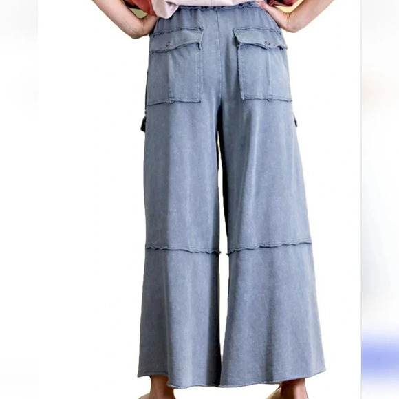 New! Easel Faded Navy Blue Terry Knit Feeling Good Utility Pants - Picture 2 of 4